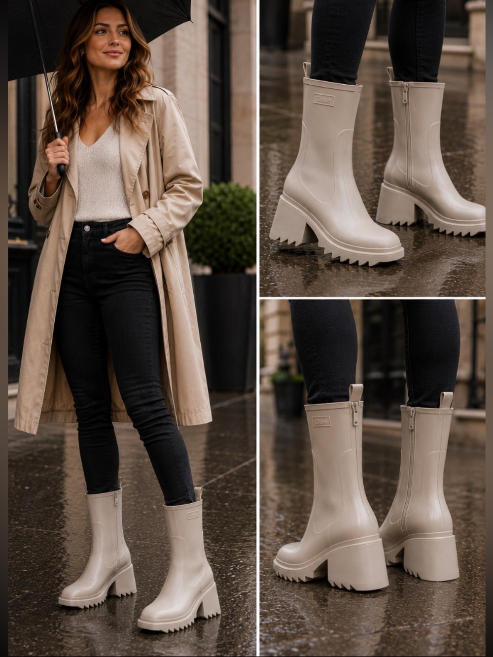 Chloé Taupe Cream Lug-Sole Rubber Ankle Boots